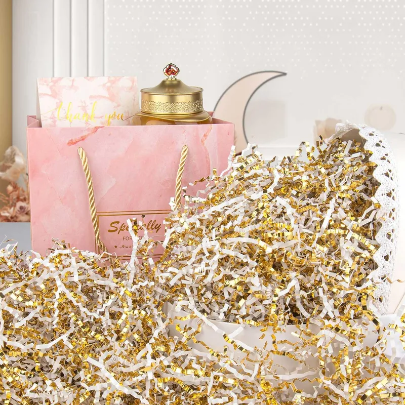 Caonysh 8.5oz Crinkle Paper Filler for Gift Baskets Gift Boxes(White&Gold) photo 3