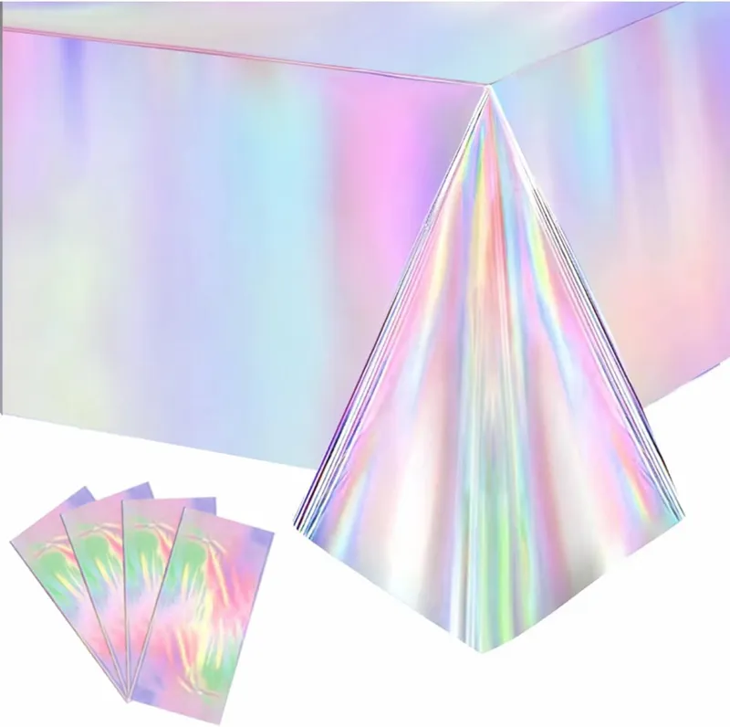 4 Pack Iridescent Plastic Tablecloths Disposable Table Cover 54 x 108 In photo 1